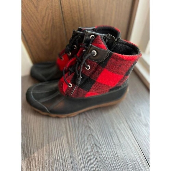 Sperry Buffalo Plaid Duck Boots‎ Red Black Waterproof Winter Ankle Boots - Picture 2 of 7